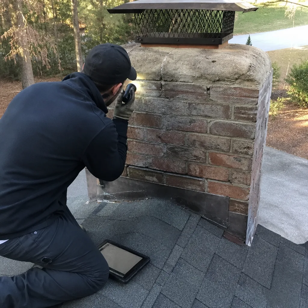 Professional chimney inspector performing a roof-level safety inspection.