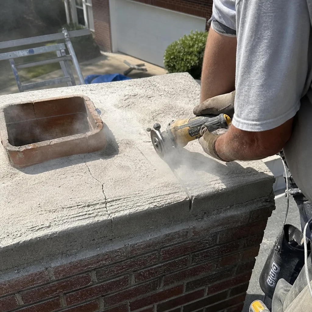 Professional contractor repairing a cracked concrete chimney crown with a power saw.