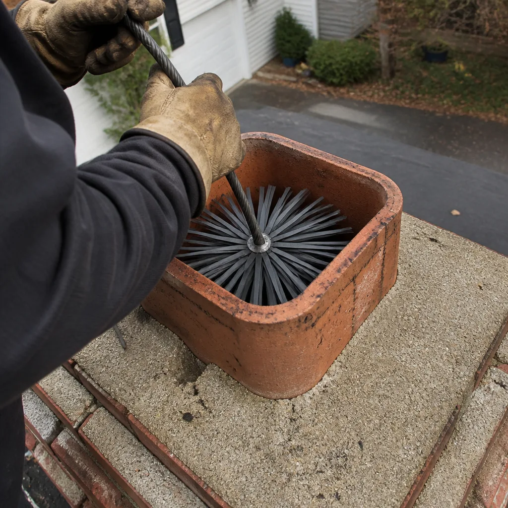 Professional chimney sweep cleaning a brick fireplace chimney flue on a rooftop