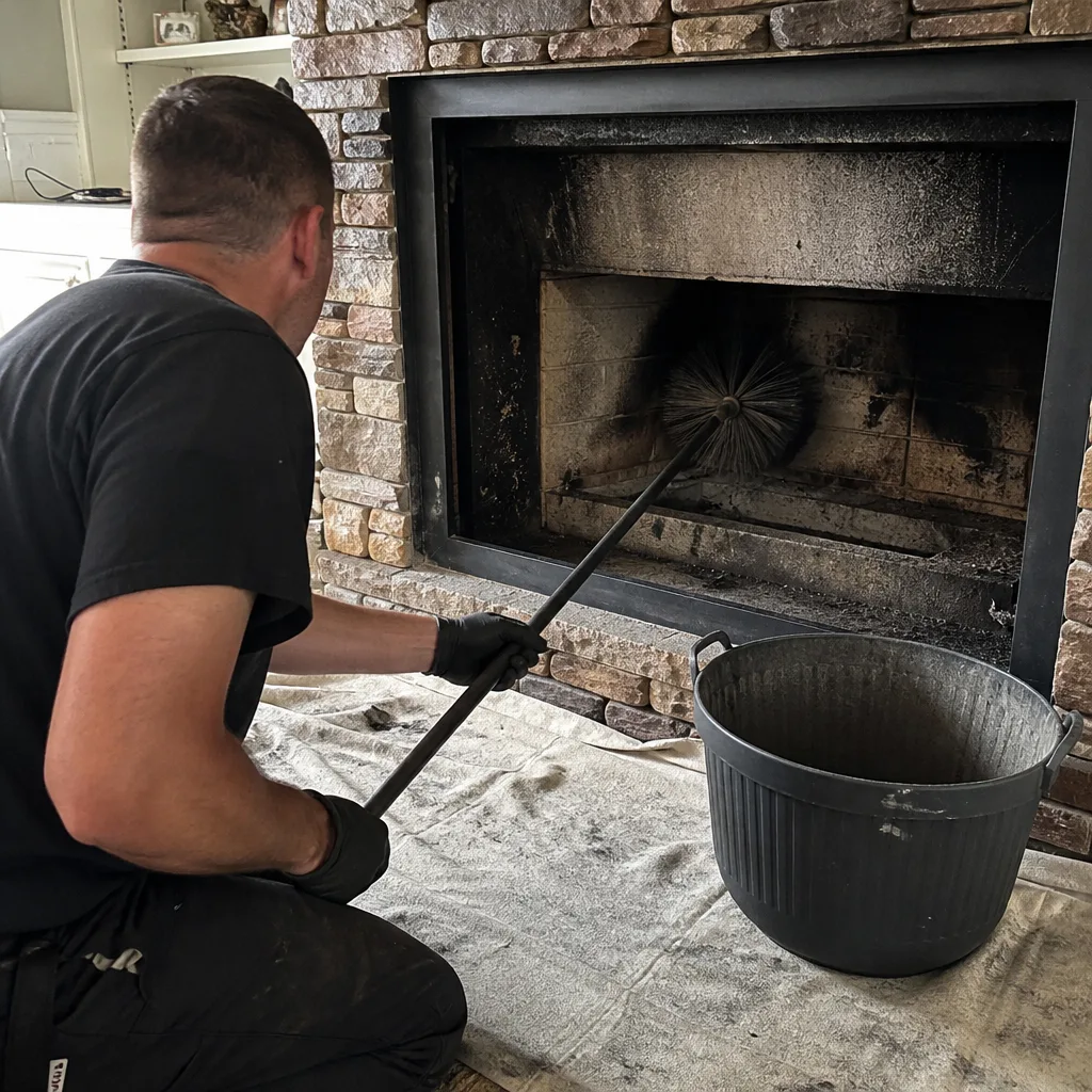 Professional chimney sweep cleaning a stone fireplace with a brush