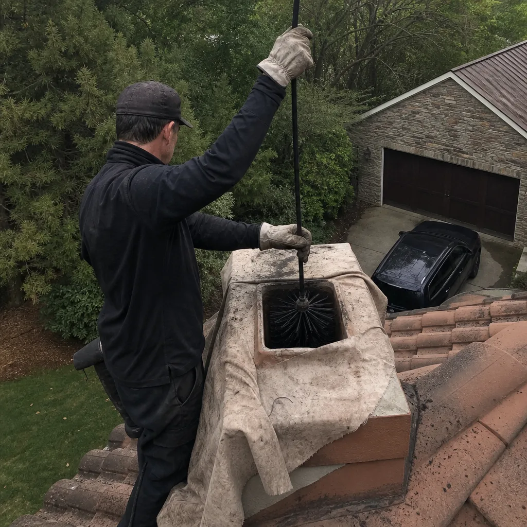 Professional chimney sweep cleaning a fireplace flue from the roof